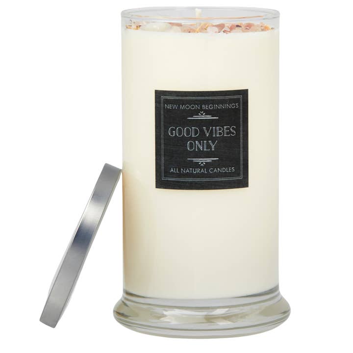 New Moon Beginnings - Wholesale Jar/Filled Candle - Good Vibes Only Candle - Herb, Flower, & Crystal Candles1