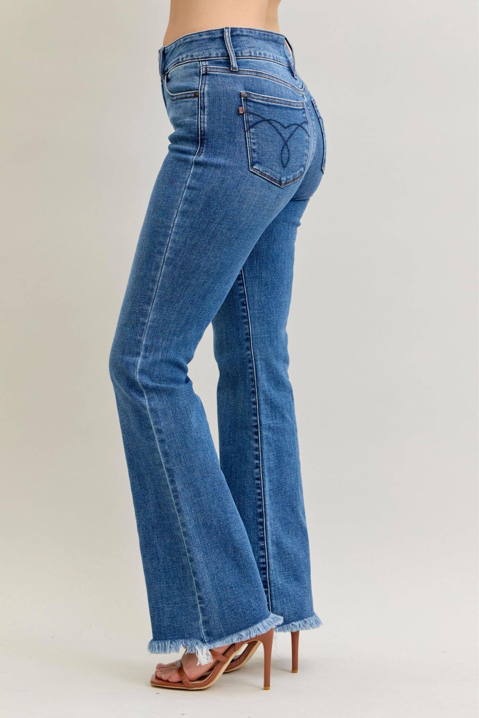 Watermelon Apparel - Wholesale Jeans - Women's - Judy Blue High Waist Double Button Fray Hem Bootcut, Inseam 7