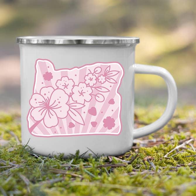 Patchmarks - Wholesale Coffee Mug - Oregon Elements Cherry Blossoms, Enamel Mug, 12oz