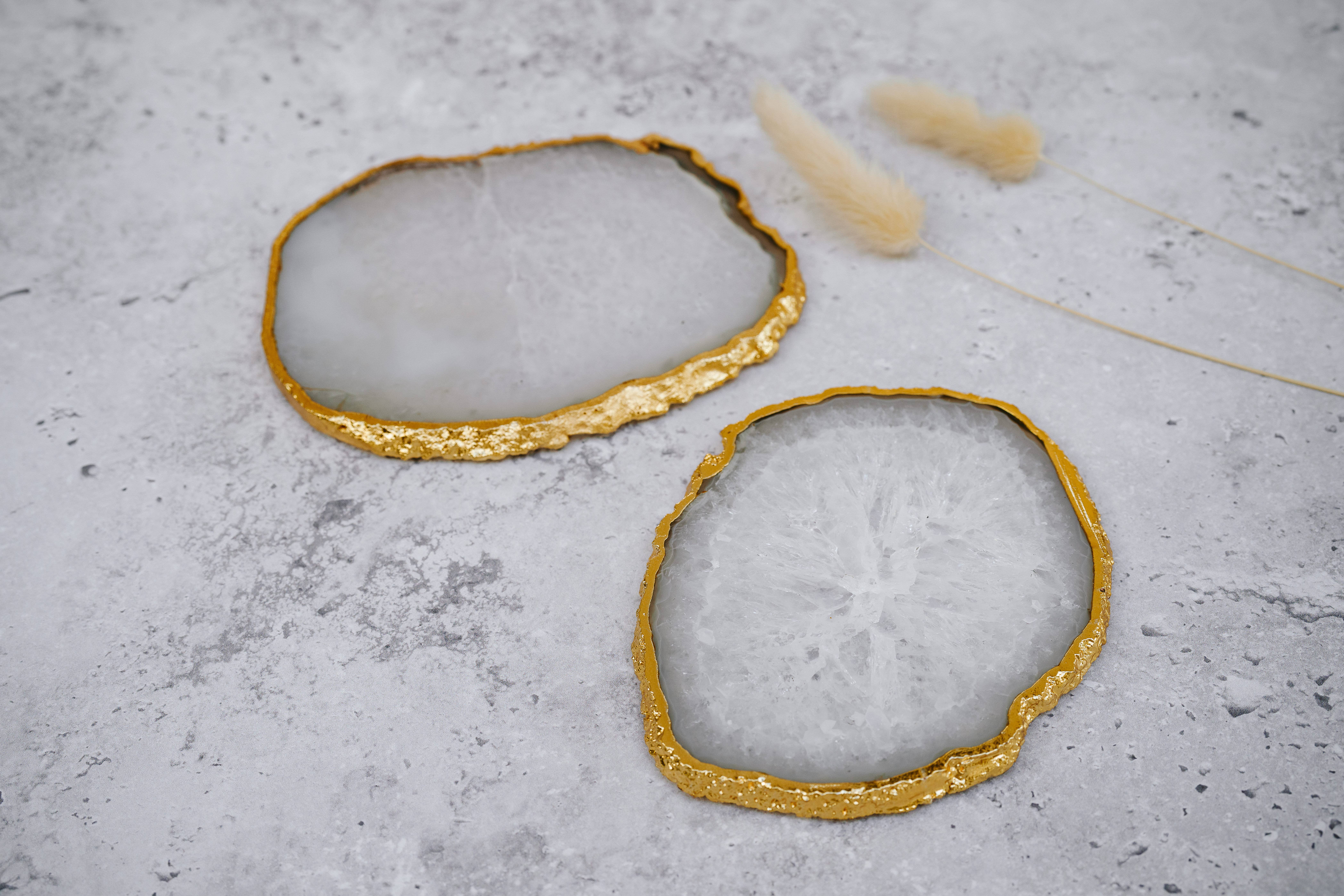 The Crystal Cottage – wholesale Coasters – Pearl White with Gold Trim1