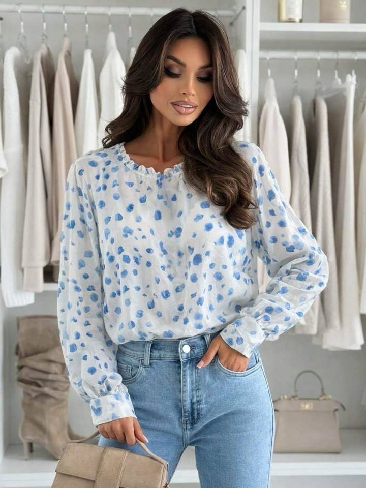 Pixie Abstract Print Frill Neck Chiffon Blouse Top-Blue for wholesale by Catwalk Wholesale