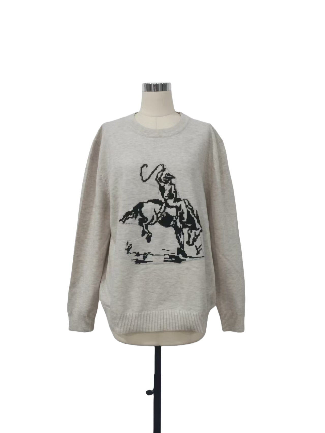 Beige Western Horse Cowboy Rodeo Knit Sweater crewneck pullover for wholesale on Faire0