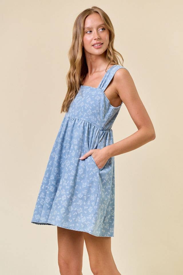 Doe and Rae - Wholesale Dress - Women's - Floral Chambray Denim Mini Dress - 27995D2