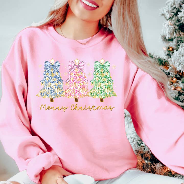 Preppy Chinoiserie Coquette Christmas Trees Sweatshirt Toile for wholesale by Gia Gifts Boutique