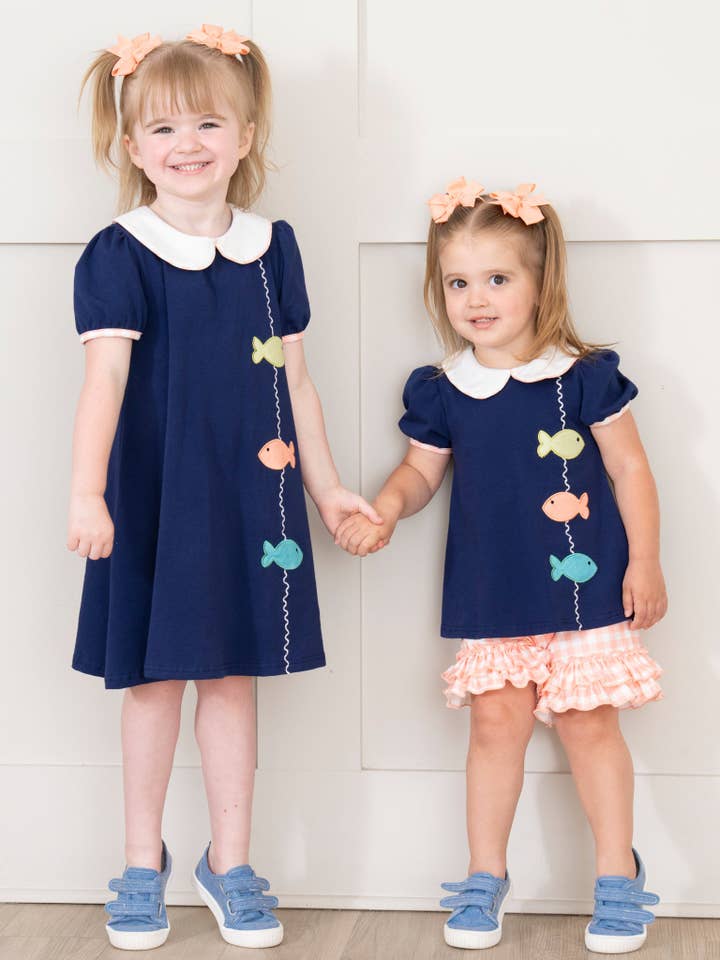 Marie Nicole Clothing - Wholesale Top & Short Set - Kids - Gingham Embroidered Fish Ruffle Outfit