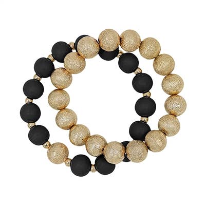 What's Hot - Wholesale Jewelry Set - Gold Textured Beaded & Black Wood Set of 2 Bracelet