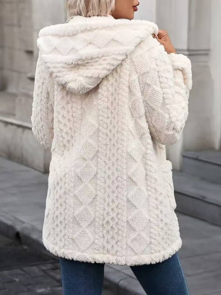 White Double-Sided Plush Buttoned Hooded Warm Cardigan for wholesale on Faire1