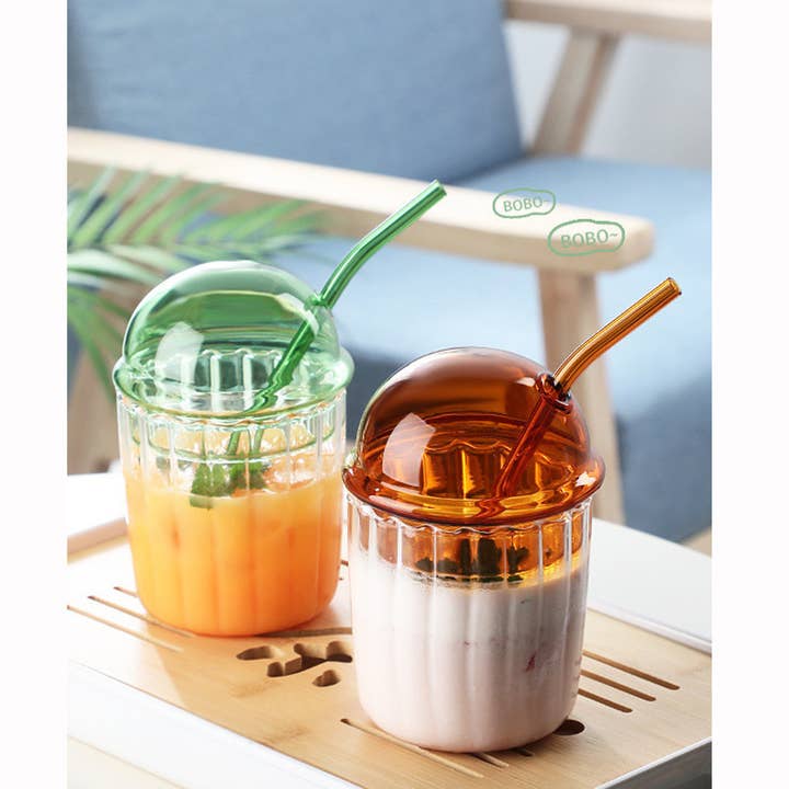 Our Dining Table - Wholesale Drinking Glass/Cup - Domed Colorful Glass Coffee Cup with Lid and straw