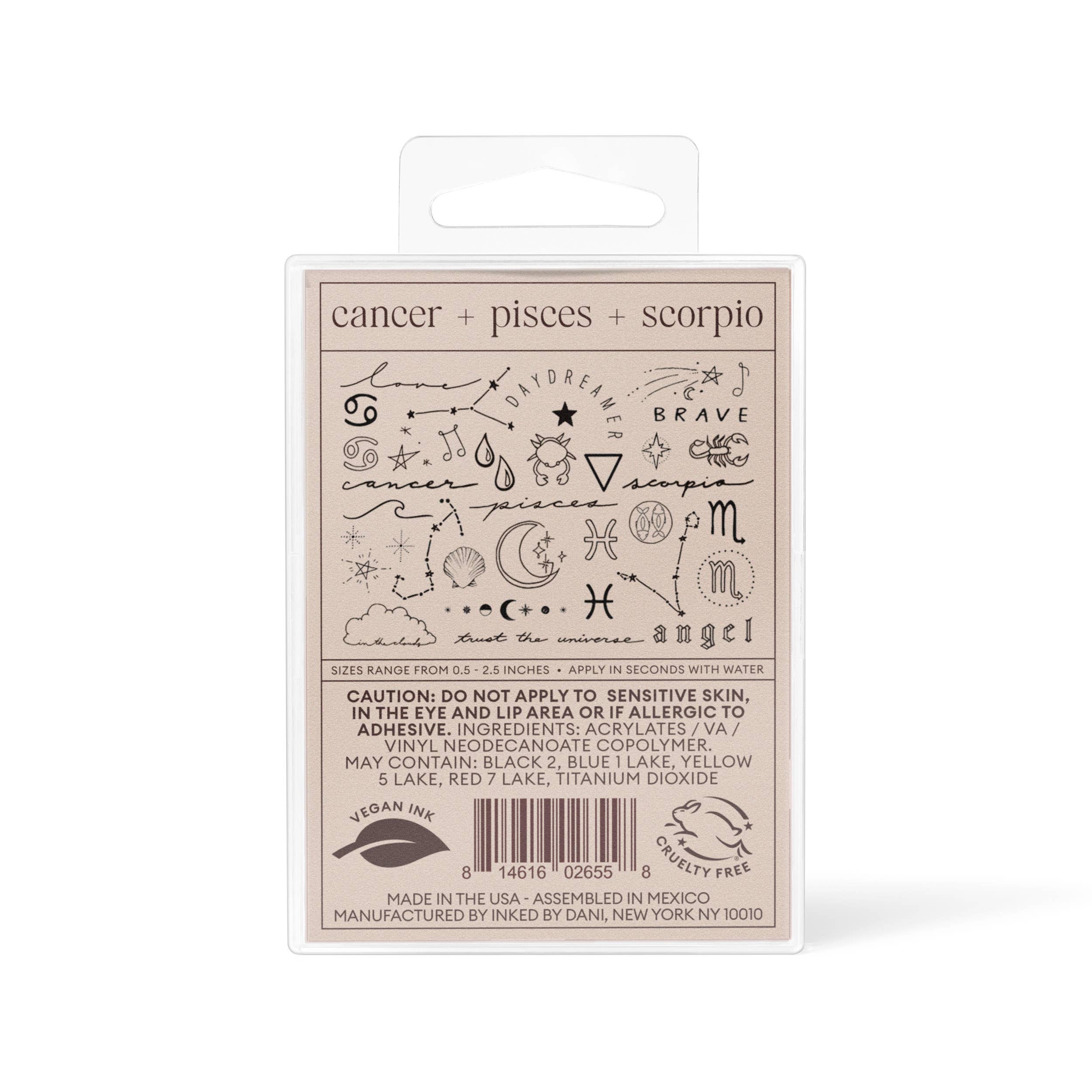 INKED by Dani – Tatuagem temporária por atacado – Coleção Zodiac: Pacote de tatuagem temporária de signos de água3