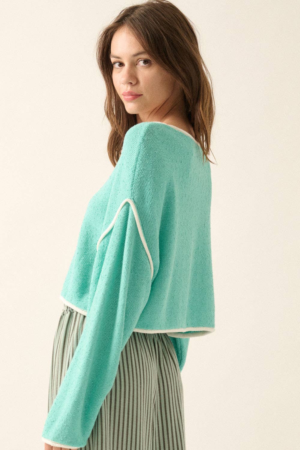 Promesa USA - Wholesale Knit Sweater - Women's - Loose Knit Boat Neck Exposed Seam Crop Sweater58