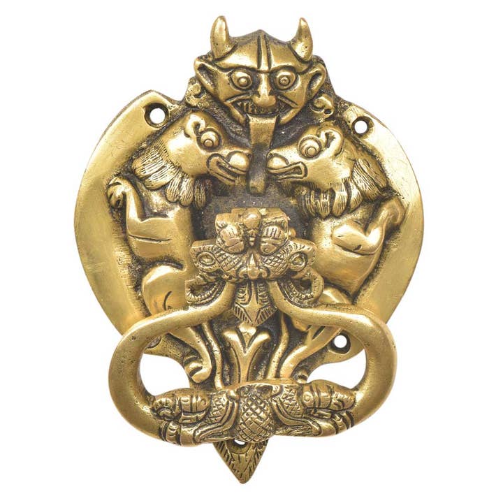 Battente per porta d'ingresso in ottone a forma di demone con leoni, 1 pezzo per la vendita all'ingrosso da parte di Daana Paani LLC