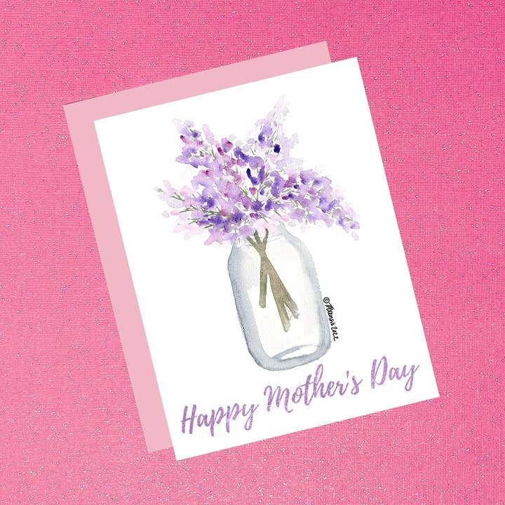 Tarjeta para el Día de la Madre con ramo de lilas en acuarela violeta para venta al por mayor de Tiffany Ascensio Designs | Watercolor Greeting Cards