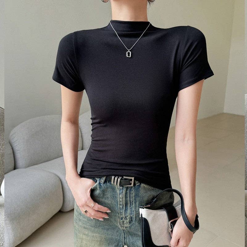 Sheer Trend - Wholesale T-Shirt - Women's - Modal High Neck Short Sleeve Tee With Classic Shoulder Design5