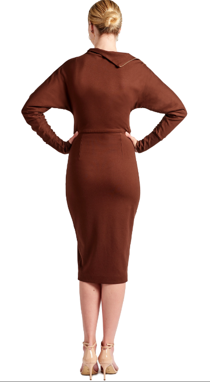 Cocoa Josefa Asymmetric Dress: Long sleeve midi zip dress - brown for wholesale on Faire6