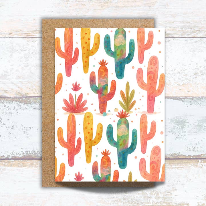 Desert Cactus Greeting Card, Colorful Saguaro Watercolor for wholesale by Designs by Michaela