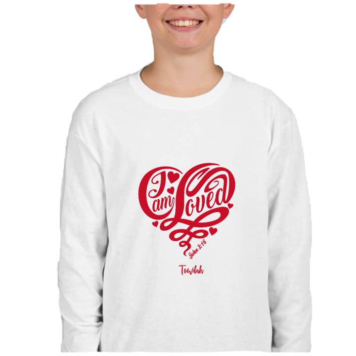 Girls Christian Shirt with Red Heart Design Featuring John 3:16 Loved Bible Verse - Long Sleeve for wholesale by Towdah