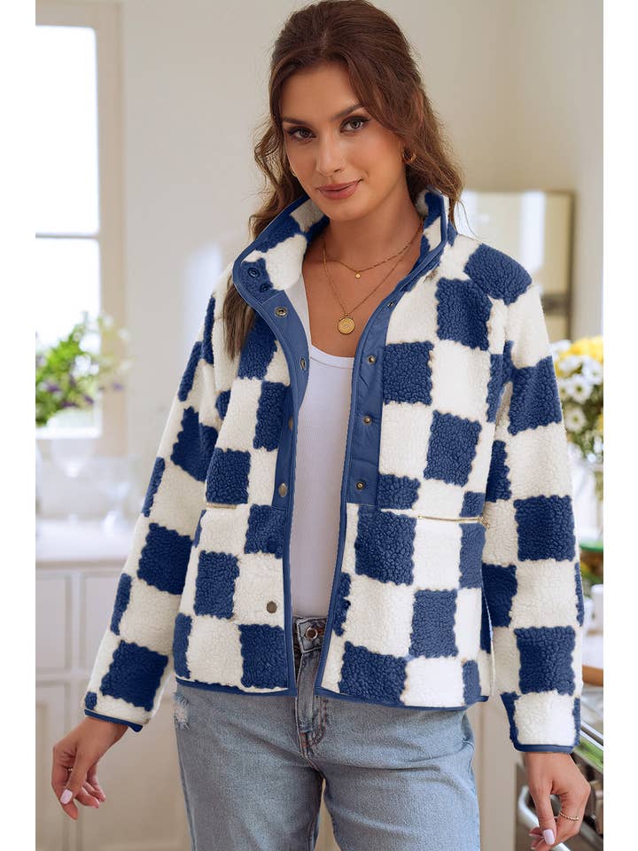 1 the Woman - Wholesale Jacket - Women's - Checked Snap Button Sherpa Jacket
