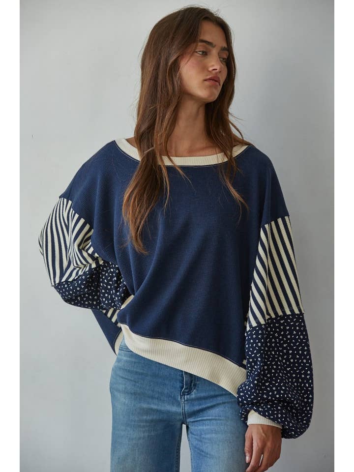 By Together - Wholesale Knit Top - Women's - L8697 | Knit Cotton Polyester Striped Floral Long Sleeve
