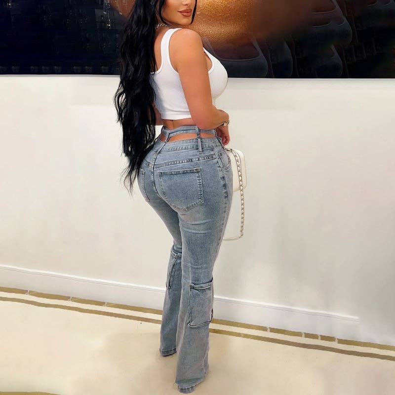 Bleu Jean évasé taille haute cargo MB FASHION avec détail ceinture 8016LY en vente sur Faire9