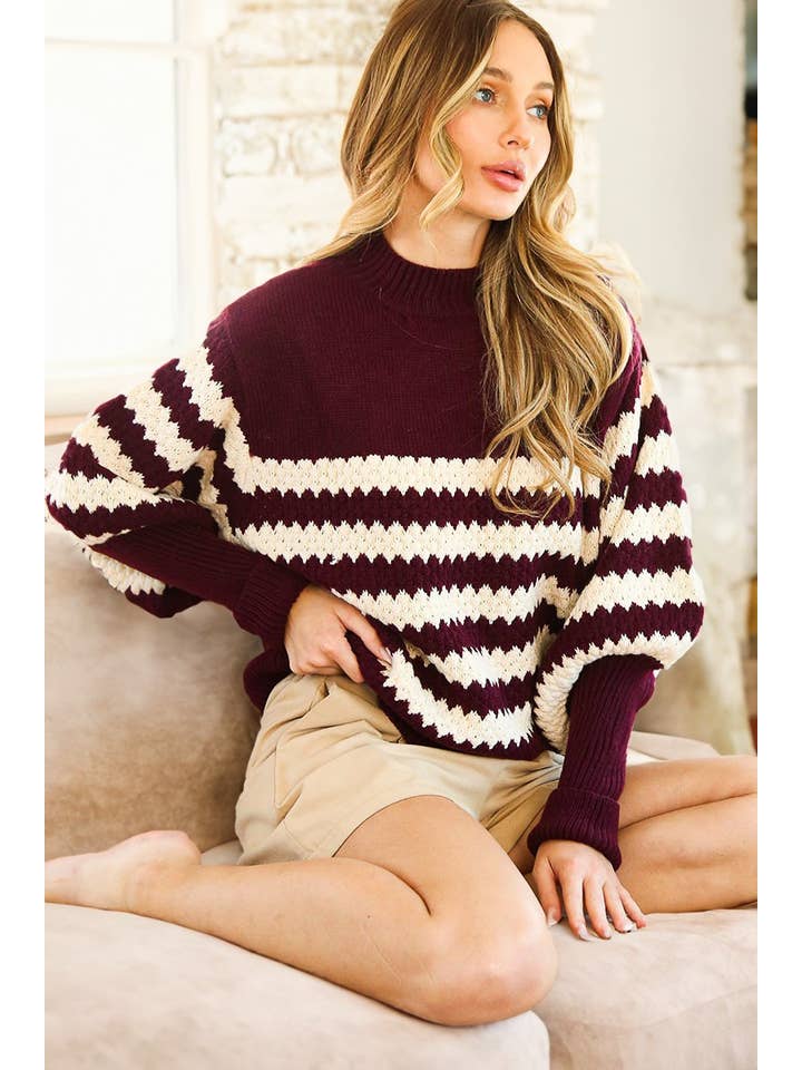 Vine & Love - Wholesale Knit Sweater - Women's - Ribbed Mock Neck Textured Striped Knitted Sweater VT703324