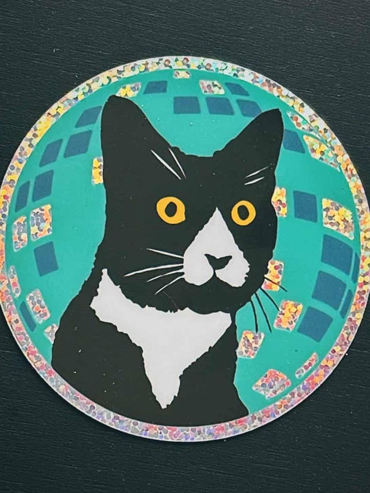 Holographic Glitter Disco Daft Cat 3" Circular Sticker for wholesale by Mobius Theory