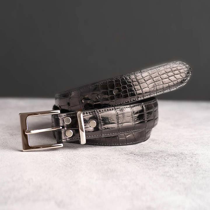Black Glazed Alligator Belt for wholesale by Glover and Wyre