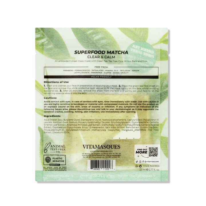 Vitamasques – wholesale Skincare face mask – SUPERFOOD MATCHA CLEAR & CALM ANTIOXIDANT FACE SHEET MASK