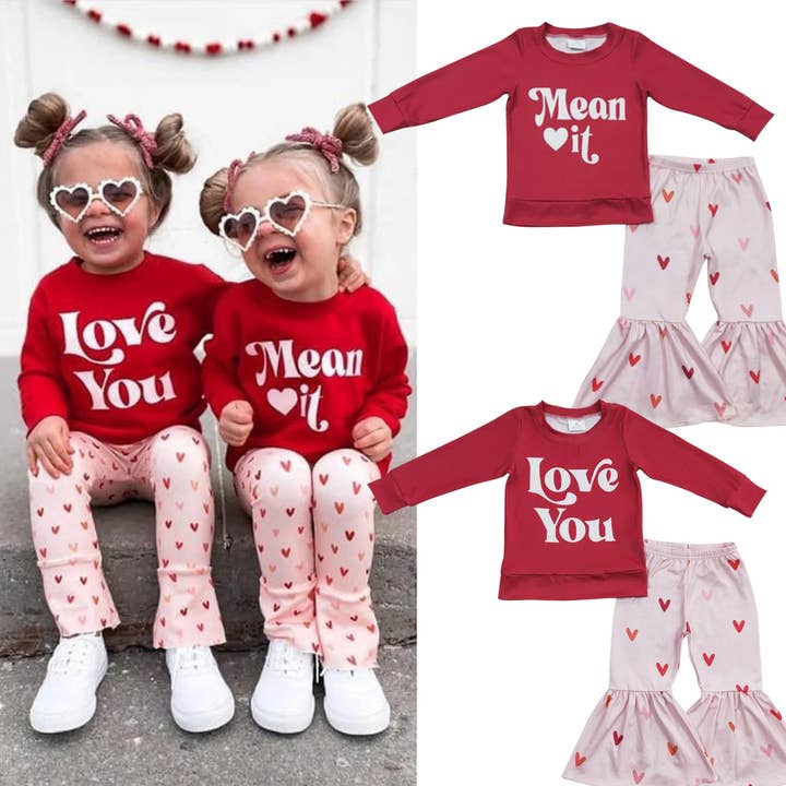 Baby Girls Valentines Sister Red Color Hearts Bell Bottom Pants Clothing Sets for wholesale by Aier Wholesale