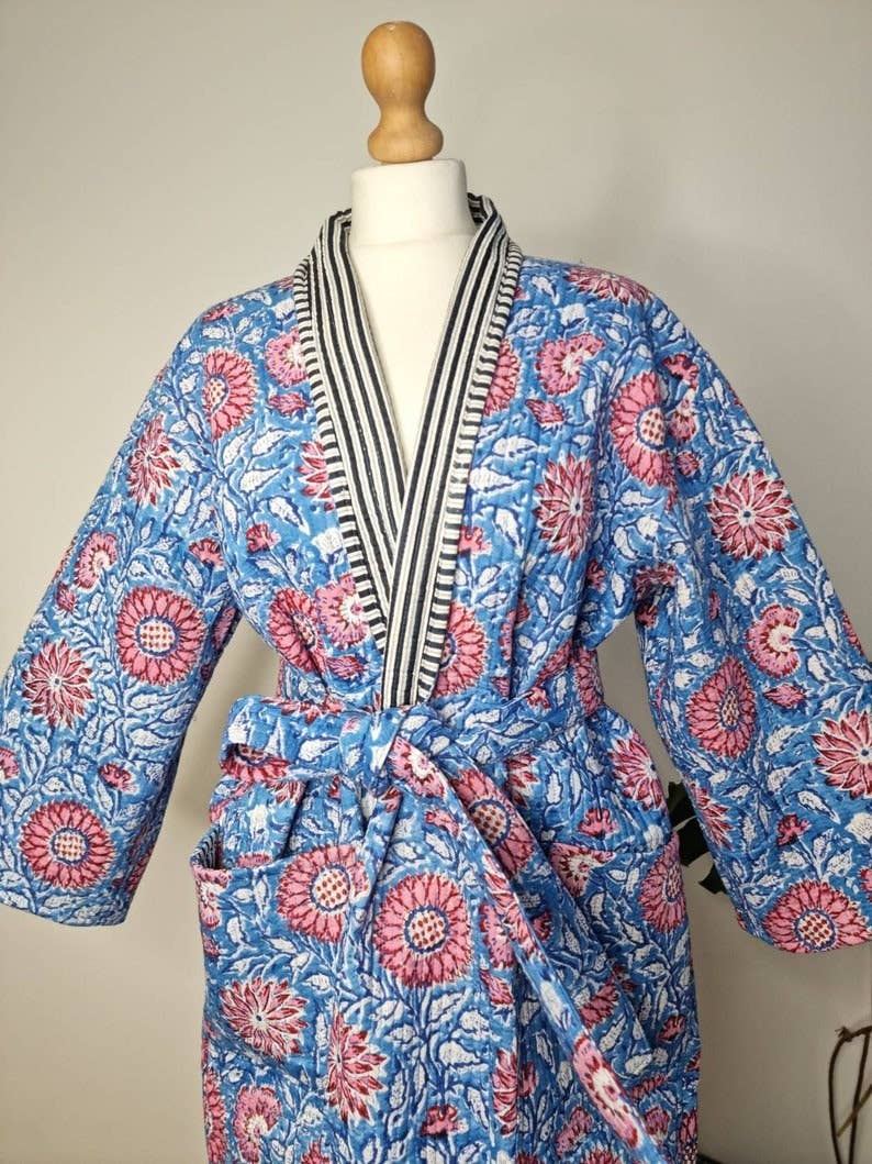 Essential Designs London - Wholesale Robe - Women's - Quilted Unisex Pure Cotton Reversible Long Length Autumn Winter Dressing Boho Kimono Robe HandBlockprint Floral Blossom Green Blue Stripe5