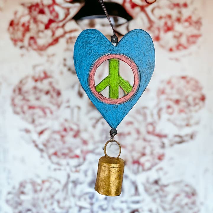 Peace Sign wind chime heart bell ornament hippie boho USA for wholesale by Whimsies