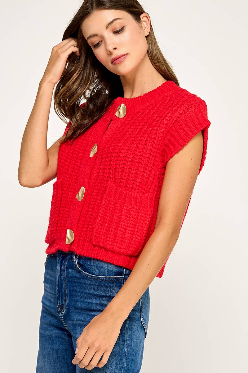 Miss Love - Wholesale Sweater Vest - Women's - CHUNKY KNIT BUTTON-FRONT VEST TOP12