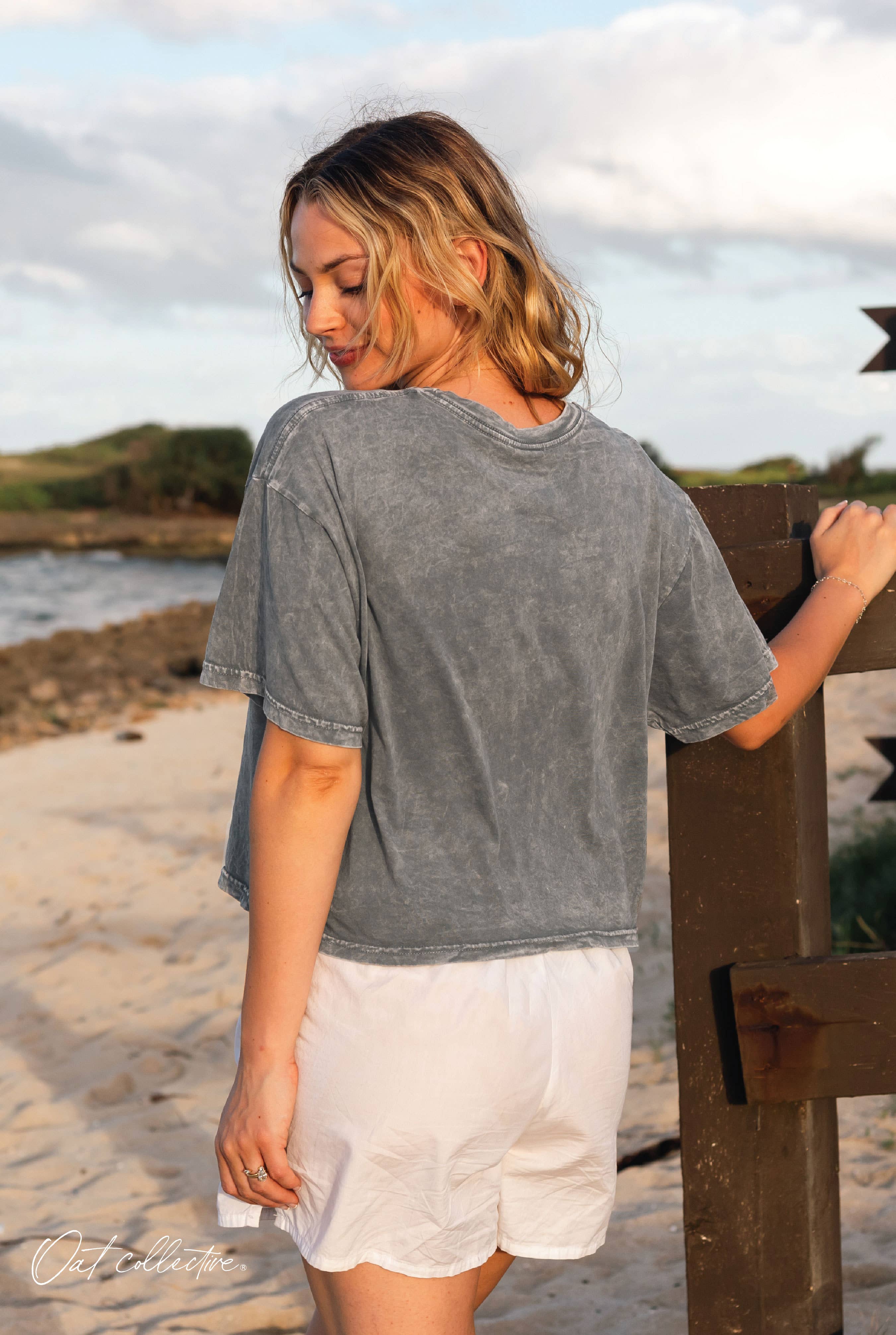 OAT COLLECTIVE - Wholesale Screen Printed T-Shirt - Women's - SUNSHINE AND COFFEE Cropped Mineral Washed Graphic Top
9