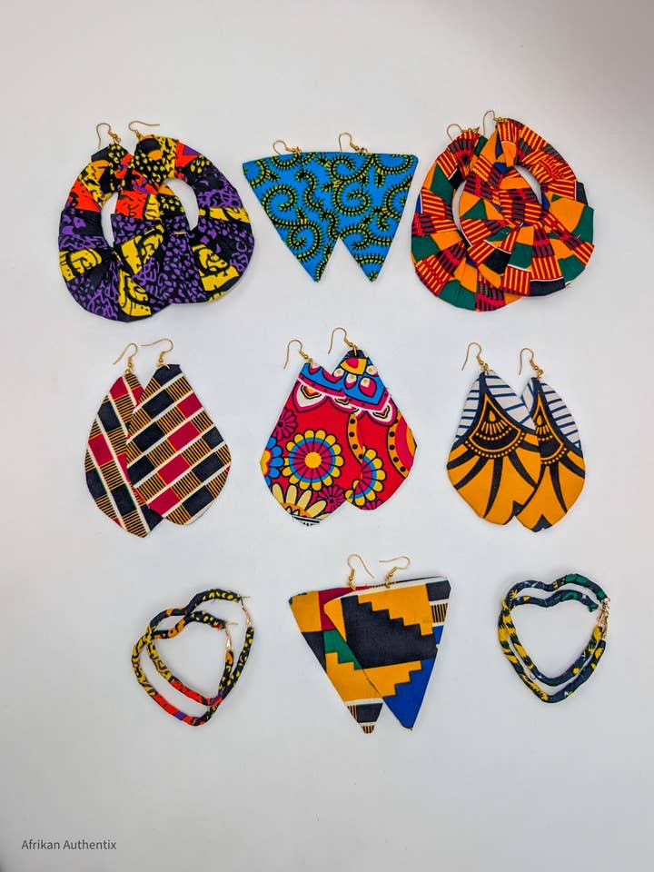 African Fabric Earrings assorted set of 10 Ankara Earrings for wholesale by Afrikan Authentix