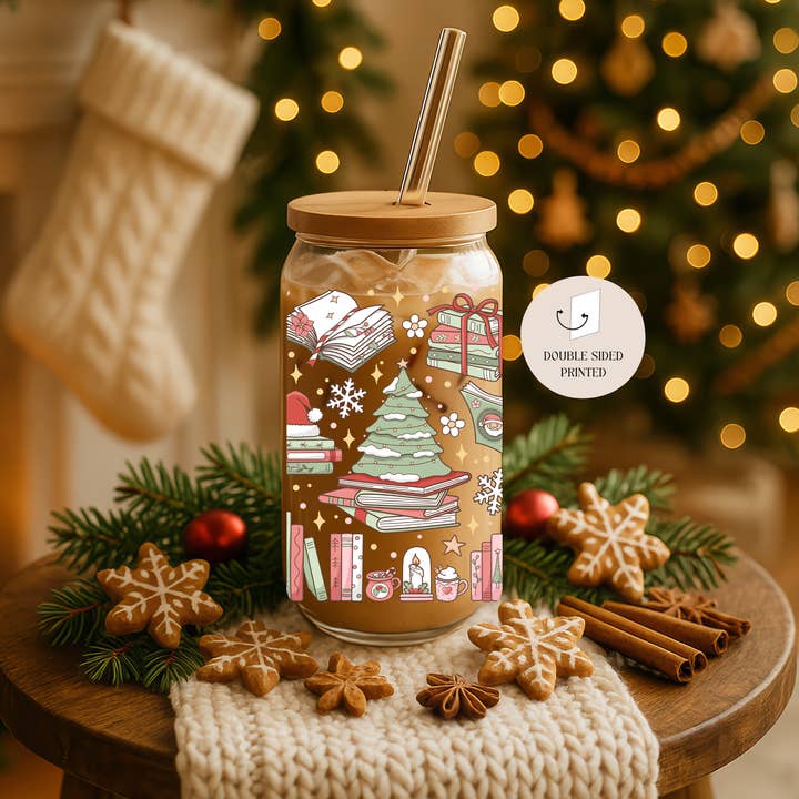 the cute cloud – wholesale Drinking glass/cup – Magical Christmas Books Double Sided Glass Cup + Lid & Straw