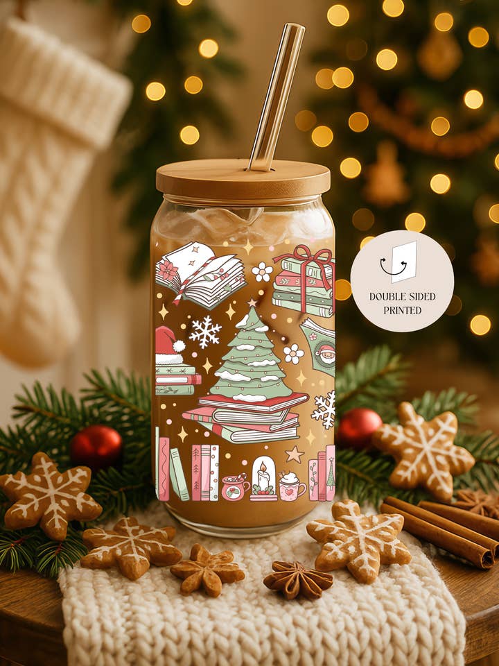 Magical Christmas Books Double Sided Glass Cup + Lid & Straw for wholesale by the cute cloud