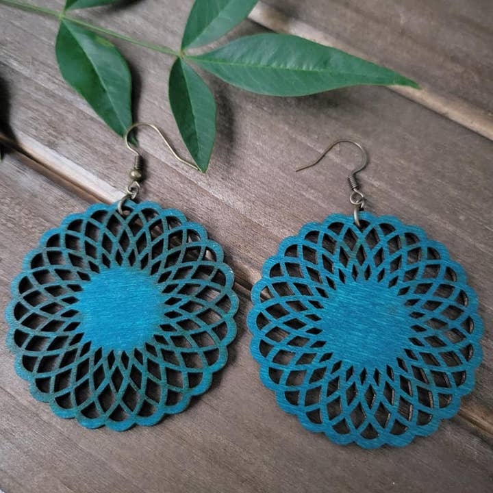 Teal Sacred Geometry Wood Earrings for wholesale by Elskas Designs