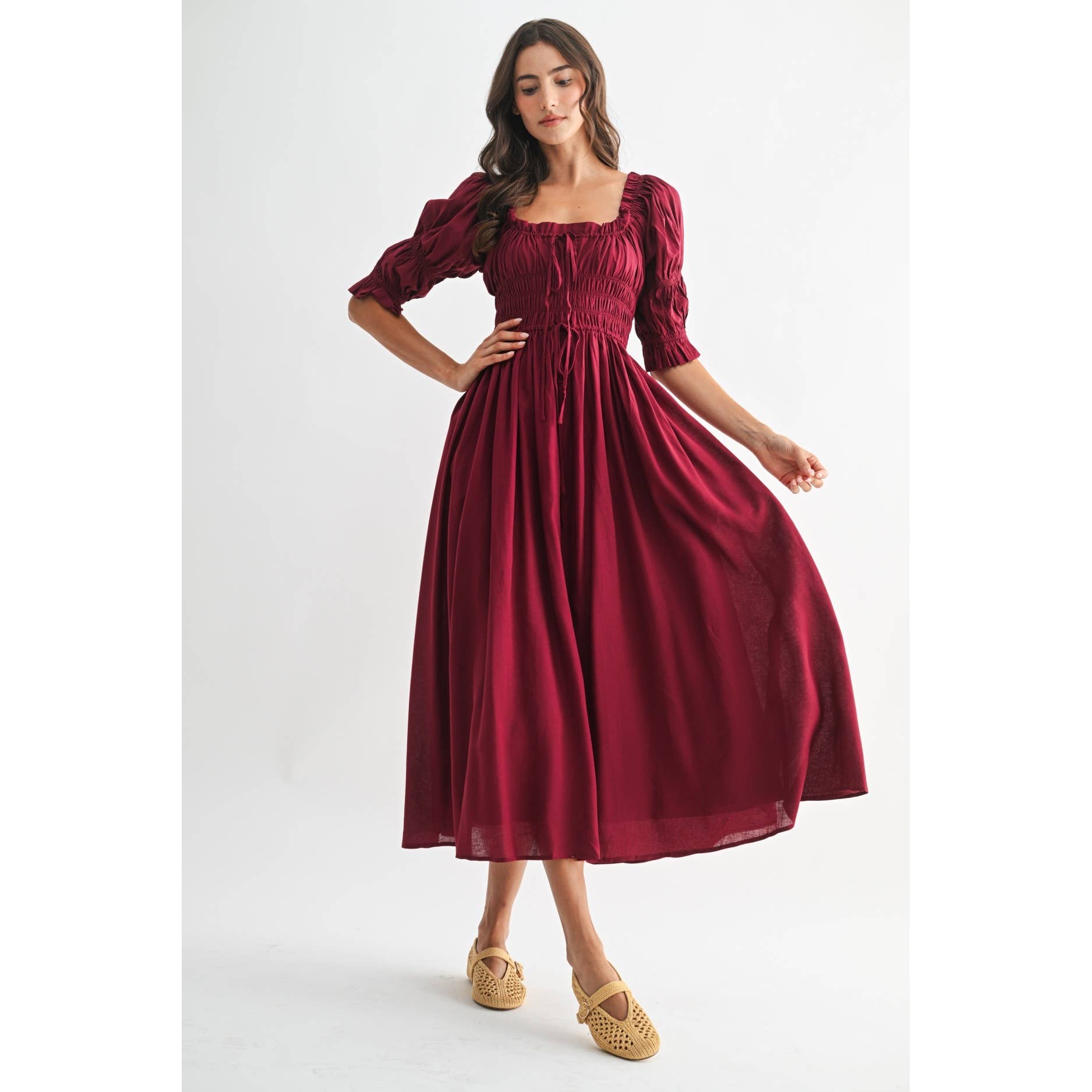 BURGUNDY OFF-SHOULDER SMOCKED MIDI DRESS WITH PLEATED SKIRT for wholesale on Faire3