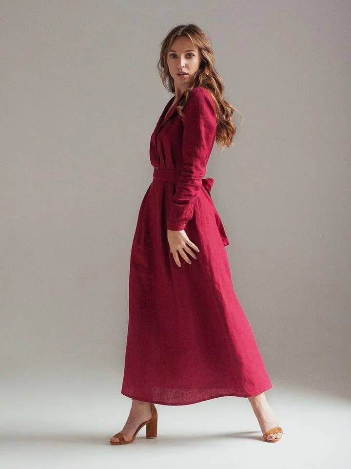 Velvety - Wholesale Dress - Women's - Burgundy Maxi Linen Dress Janet5