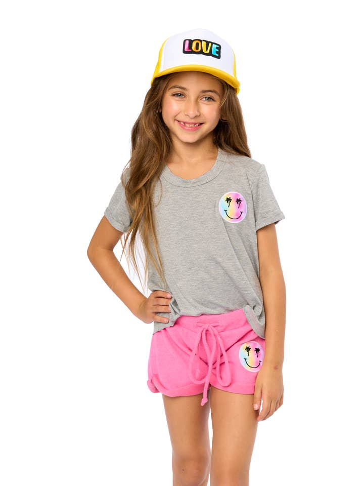 Malibu Sugar - Wholesale Shorts - Kids - Girls (7-14) Brushed Hacci Shorts w/ Smiley Palm Tree Patch
