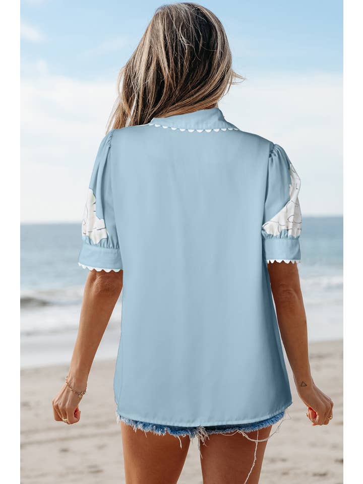 Aapparella - Wholesale Button Down Shirt - Women's - Floral Ric Rac Edge Puff Sleeve Button Up Top | S-XL