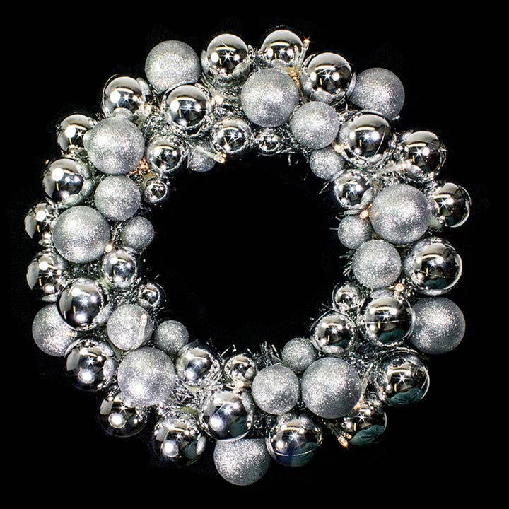 16" Silver Ball Wreath with Battery Powered Warm White LEDs for wholesale by Winterland Inc.