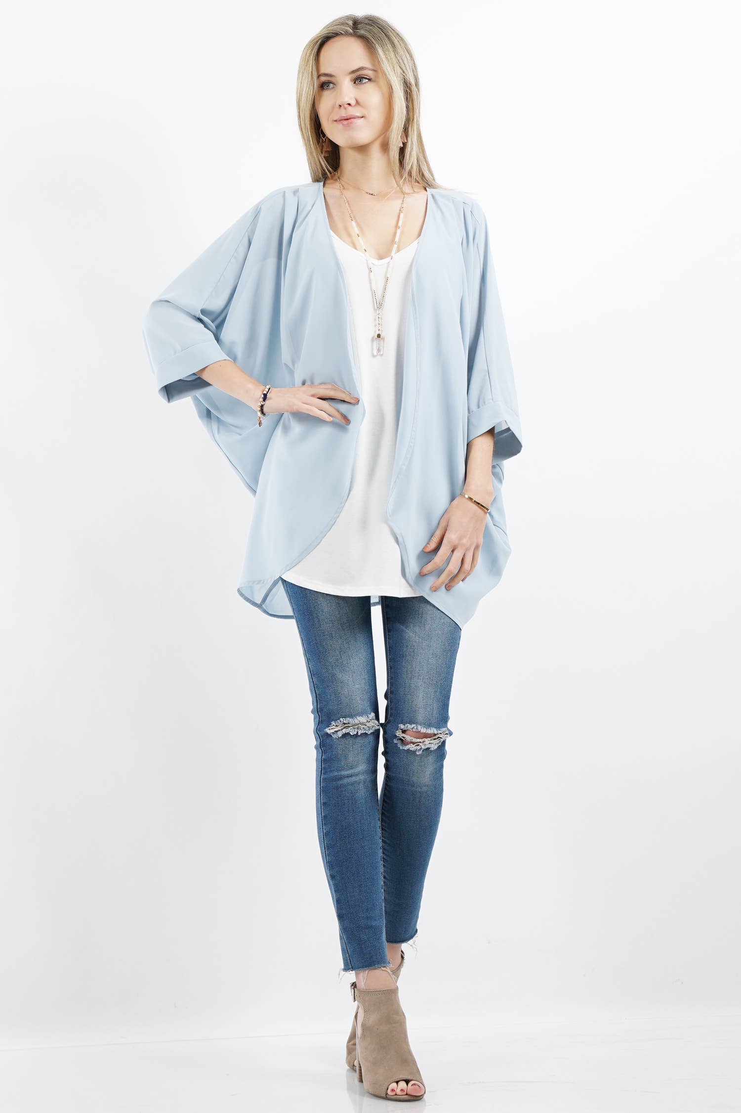 42POPS – wholesale Kimono – Women's – `.0802 Chiffon Shoulder pleated Kimono Cardigan SI-158365