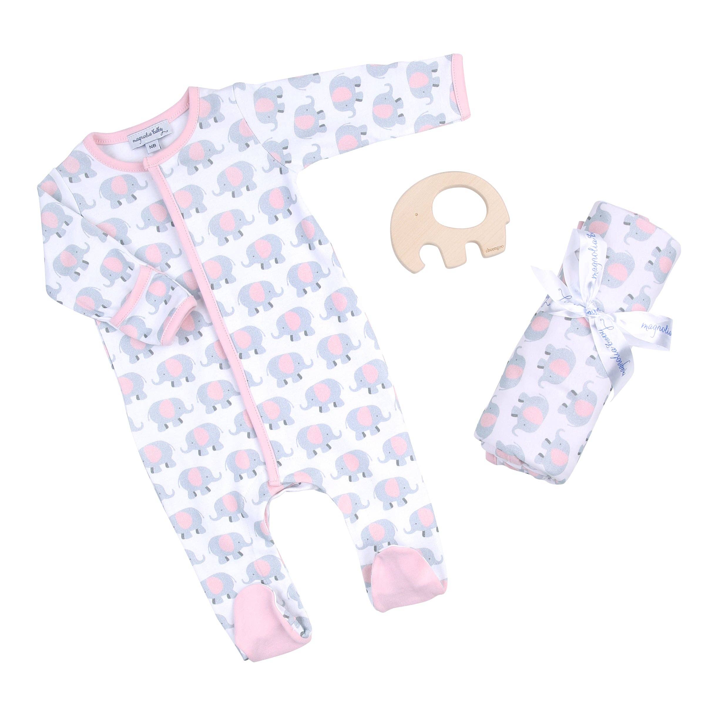 Magnolia Baby - Wholesale Clothing Set - Baby - Pink Elephant Gift Set - Footie + Blanket + Teether0