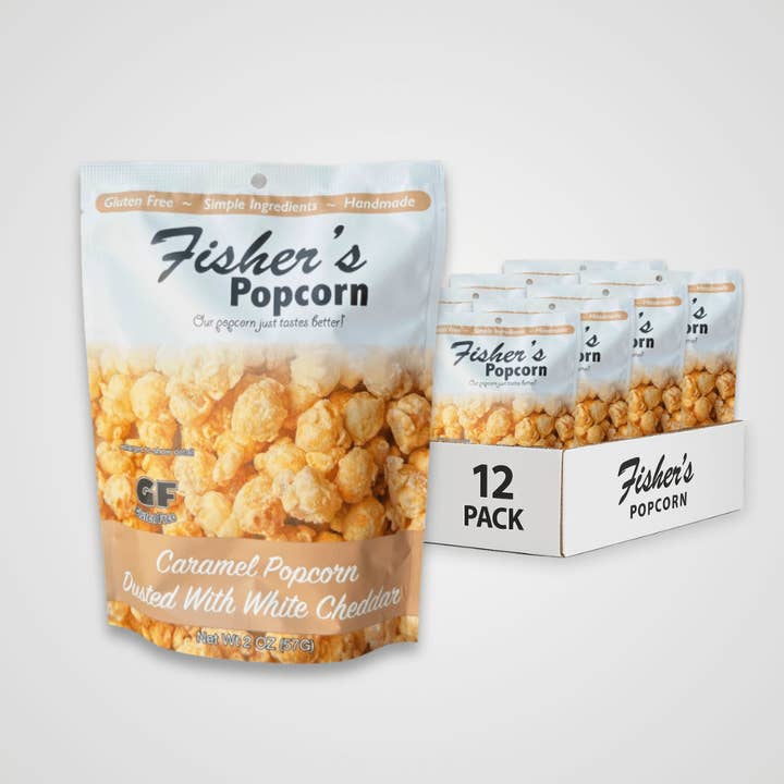 Caramel Popcorn Dusted W/ White Cheddar 2oz (12/case) for wholesale by Fisher's Popcorn
