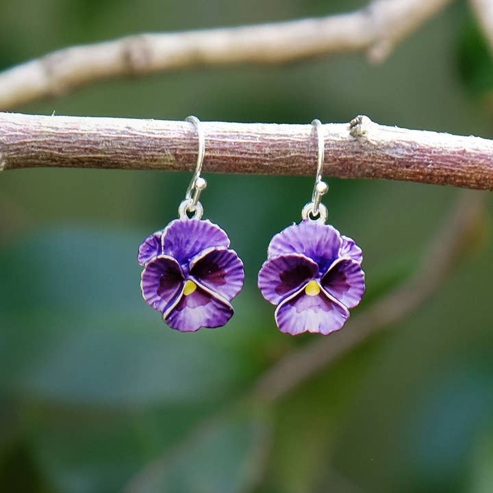Pansy Purple Flower Drop Hook Earrings for wholesale by Alexander Thurlow & Co Ltd