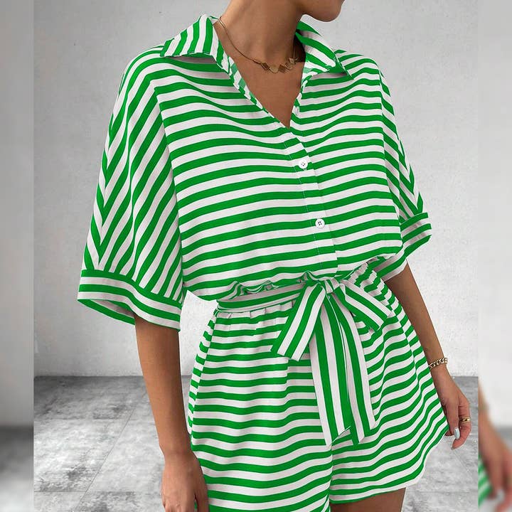 UNISHE - Wholesale Romper - Women's - Summer Striped Lapel Button-Up Belted Shorts Romper AXR12918