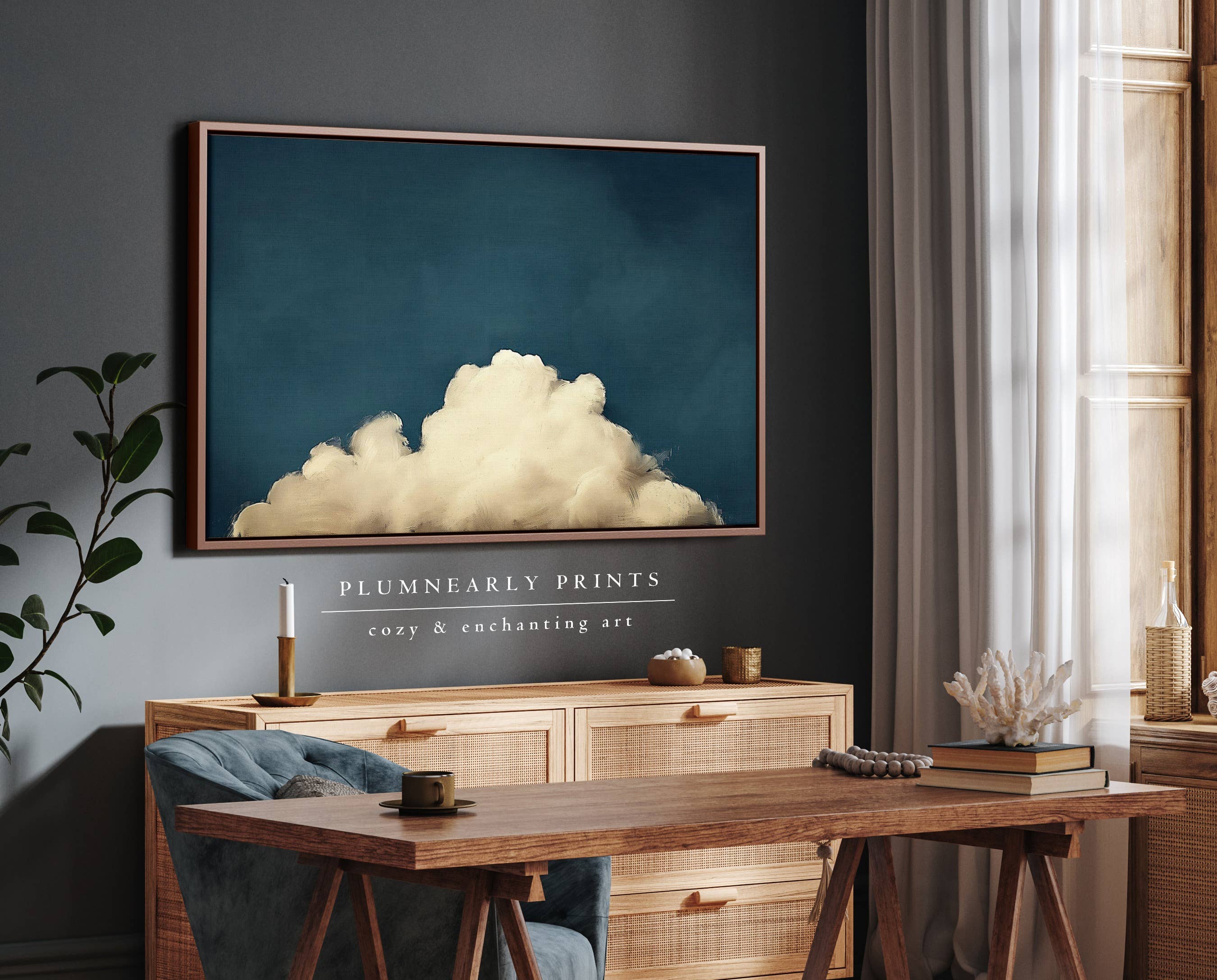 Plumnearly Prints - Wholesale Canvas Art - Indigo Blue Beige Cloud Oil Painting Framed Canvas Art 151