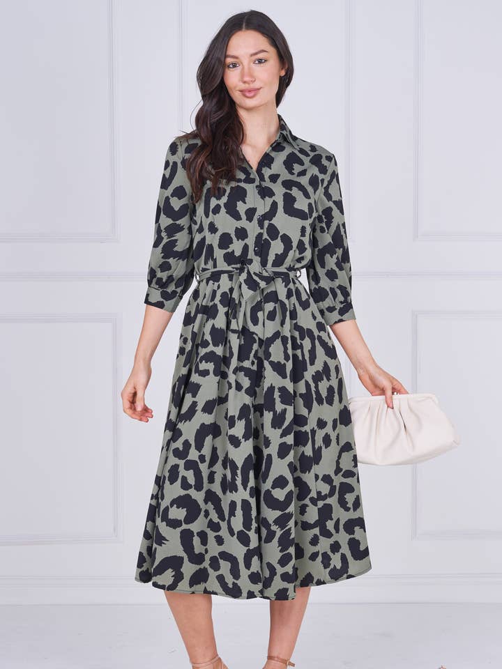 8pcs Khaki Leopard Print Half Sleeve Midi Shirt Dress for wholesale by Love Sunshine Wholesale