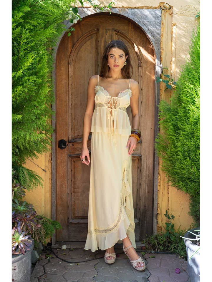 Lace Trim Front Tie Top and Side Split Maxi Skirt for wholesale by Et Clet