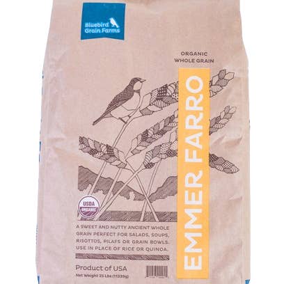 Organic Whole Grain Emmer Farro - 25 lb for wholesale by Bluebird Grain Farms